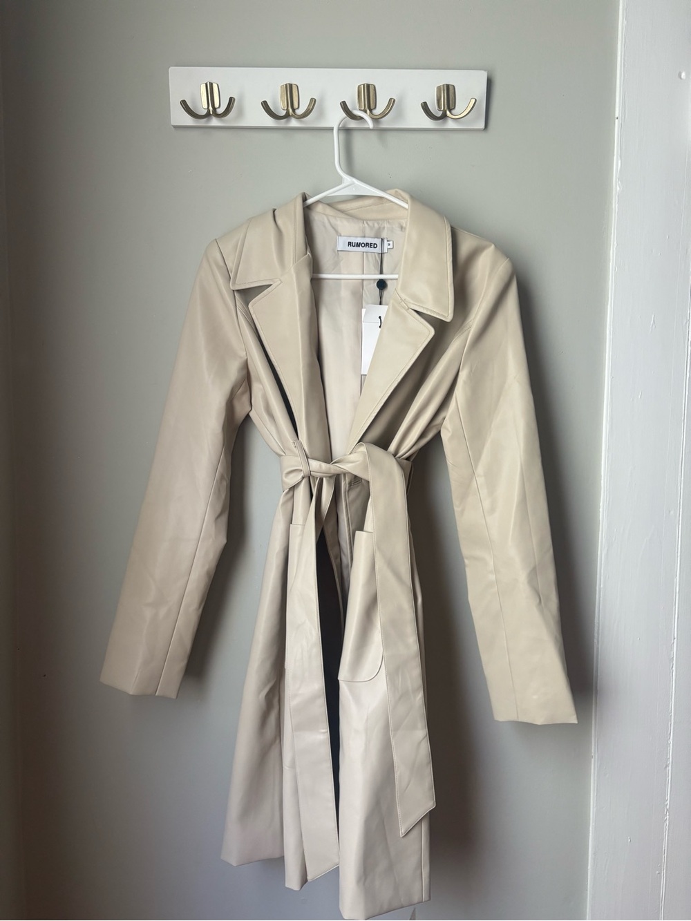 Rumored Cream Faux Leather Tie-Waist Trench Coat
